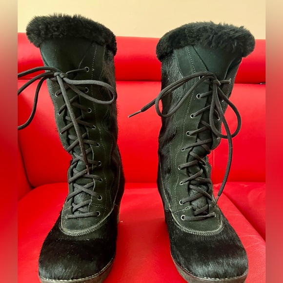 OSCAR SPORT Fur Boots WEDGE Shearling BLACK Size 38/7.5 Made in Italy - Picture 2 of 10